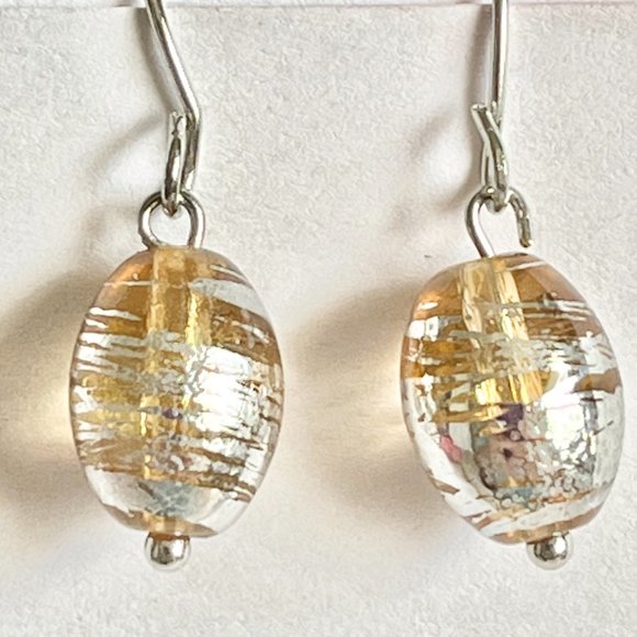 Peach Murano Art Glass Earrings Bead Hand Painted Oval Bead Silver Plated - Picture 2 of 8